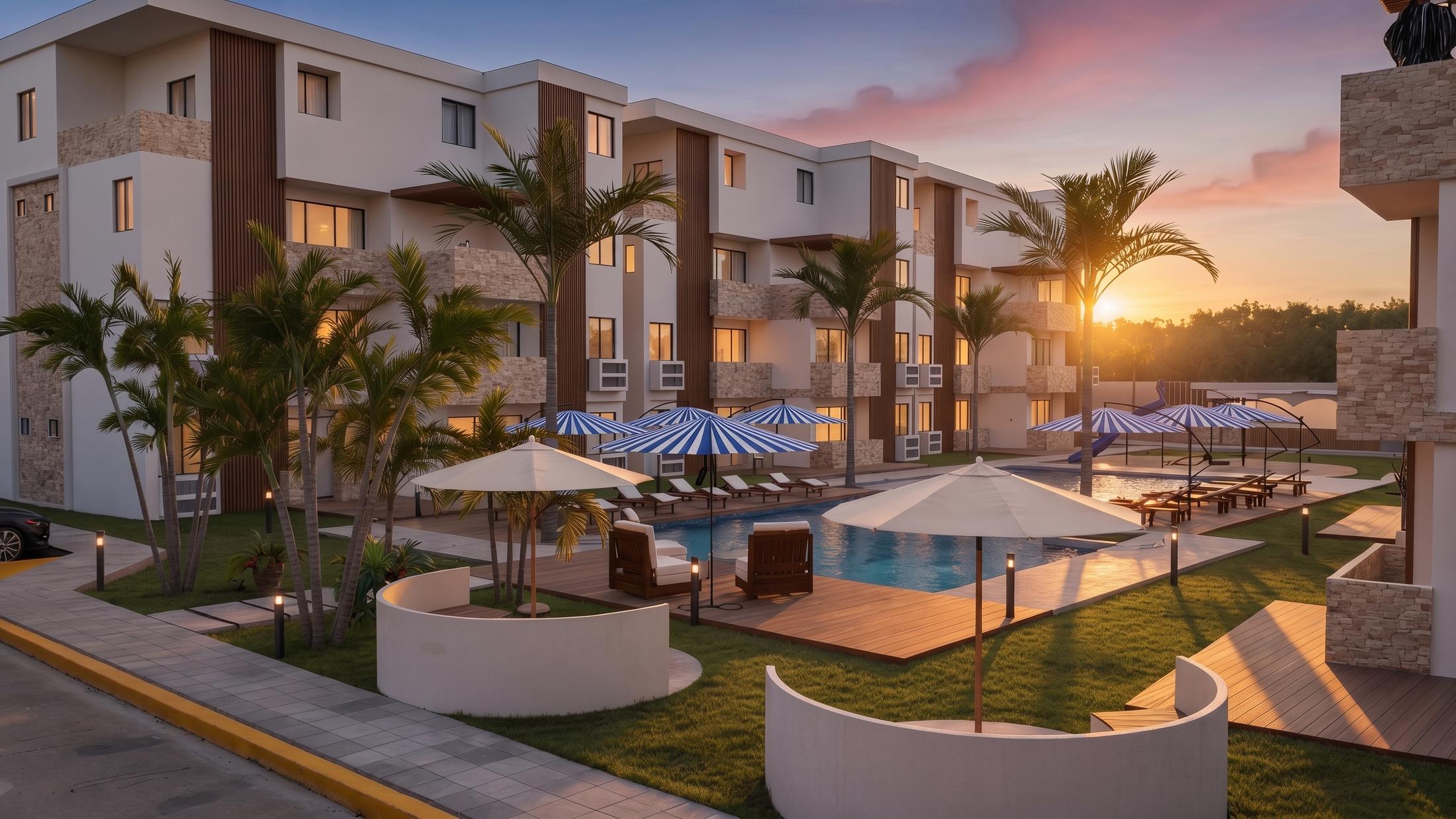Render de Latitud Village al atardecer con la piscina y las palmeras