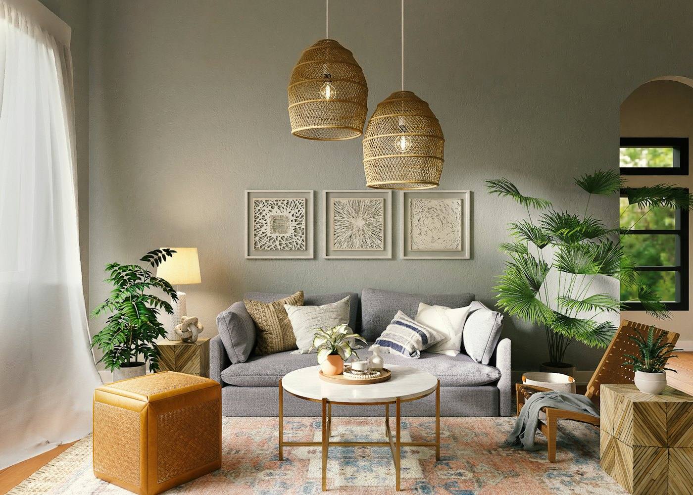 Sala con decoración tropical
